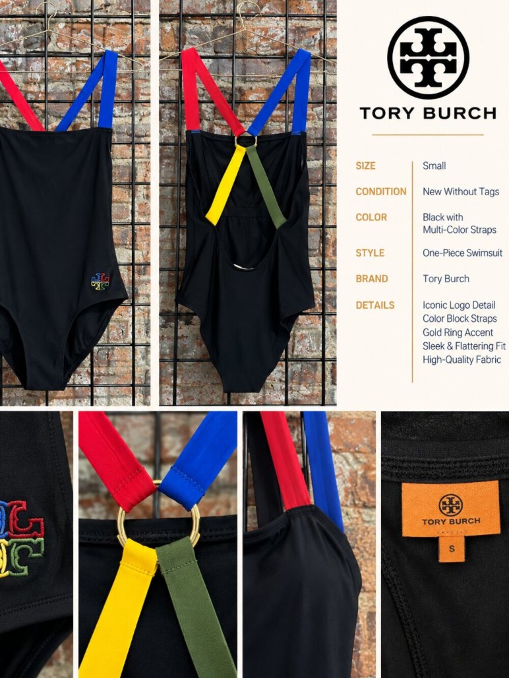 Tory Burch Black Colorblock Strap One Piece Swimsuit Size Small NWOT